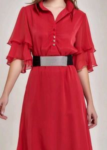 Chic Red Shirtdress with Ruffled Sleeves