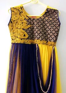 Yellow Blue Long Ethnic Dress For Women