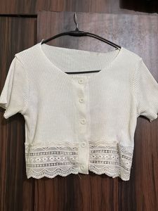White Ribbed Lace Trim Crop Top