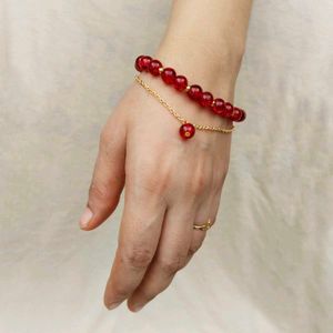 Red Beaded Bracelet with Gold Chain