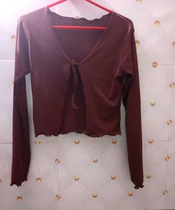 Brown Long Sleeve Cropped Cardigan Top