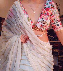 Most Trending White Sequence Saree With Blouse Pcs