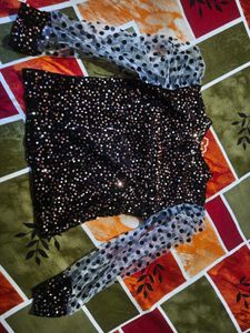 Sequined Top with Mesh Sleeves