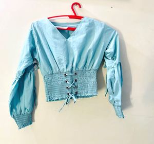 Blue Lace-Up Crop Top