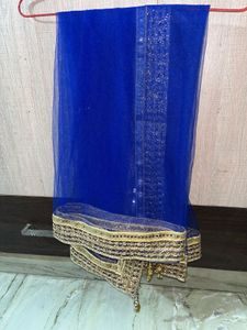 Royal Blue Net Dupatta with Golden Embroidery