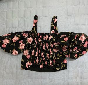 Floral Off-Shoulder Crop Top with Puff Sleeves