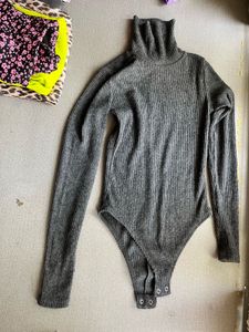 Gray Ribbed Turtleneck Bodysuit
