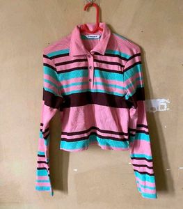 Polo Neck Striped Top