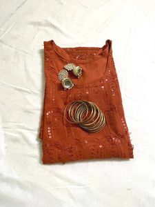 Women&#39;s Embroided Long Coral Kurti