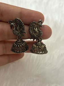 Peacock Silver Oxidized Jhumka Earrings