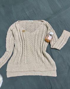 Beige Knit Sweater with Brooch