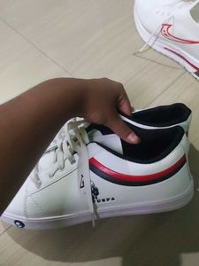 White Sneakers with Red &amp; Navy Stripes