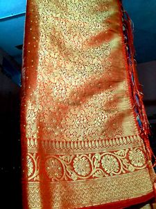 Elegant Reddish Orange &amp; Grey Silk Saree