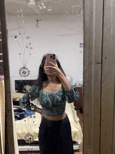 Paisley Print Long Sleeve Crop Top