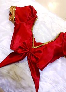 Satin Bow Style Back Hook Puff Sleeve Blouse