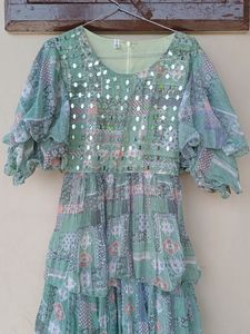 Green Floral Ruffle Sleeve Dress