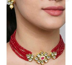 Red Kundan Choker Set With Earring