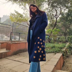 Navy Blue Overcoat Hand Embroidered Applique Work.