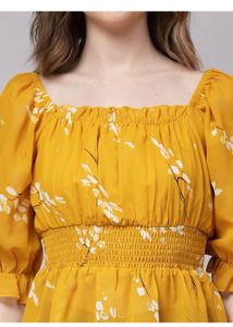 casual Puff Sleeves Floral Print Women Yellow Top