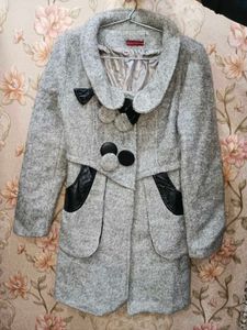 Grey Wool Blend Coat with Black Accents