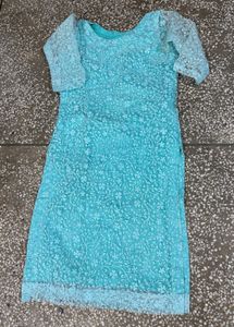 Aqua Embroidered Net Kurta