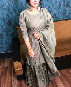 3 PIECE PARTY WEAR ETHNIC SHARARA SUIT , GREY COLOUR