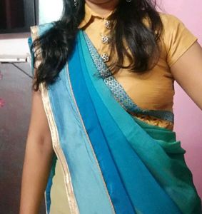 Blue And Olive Colour Saree With Blouse