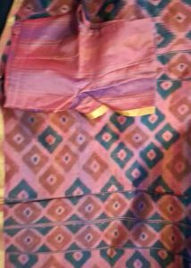 Pink & Green Ikat Print Saree with Golden Border