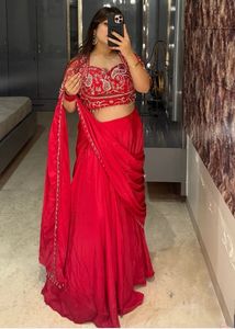 Red Embroidered pre draped saree new