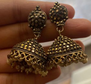 Golden Toned Oxidised Jhumkas