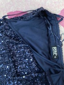 Navy Blue Sequined Shoulder Strap Mini Dress