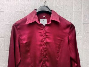 New with tag Pinterest Burgundy Satin Button-Up Sh