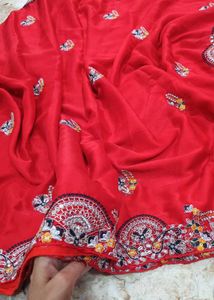 Red Embroidered party wear saree