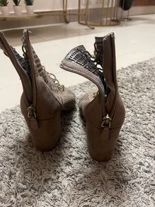 Lace Up Beige Block Heels