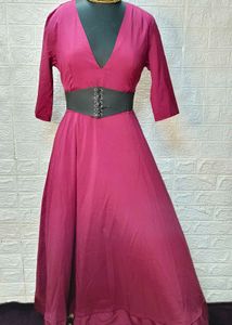 Maroon Flared Gown With Deep Neck