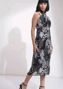 Leaf Print Halter Midi Dress