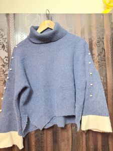 Blue Pearl Detail Turtleneck Sweater