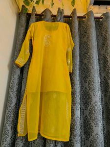 Yellow Chikankari Kurta With Free Legging