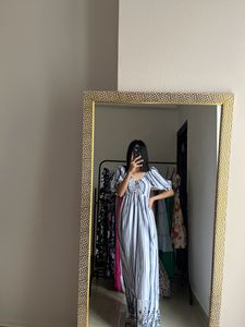 Blue Stripe Ruched Maxi With  Lace Cutwork Details