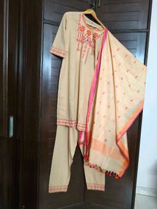 Women Beige Embroidery Khadi Cotton Suit Set