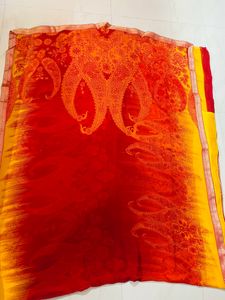 Orange Col Chiffon Saree With Golden Border