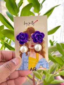 Purple Rose With Pearl Drop Earring