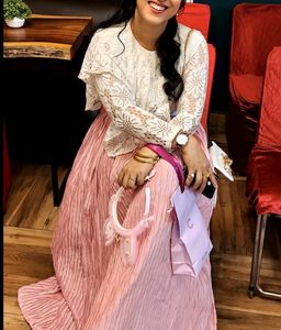 Elegant Pink Pleated Maxi Skirt &amp; Lace Top Set
