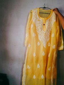Yellow Chikankari Long Kurti