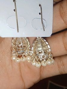 Navy Blue With White Pearl Jhumka Earrings