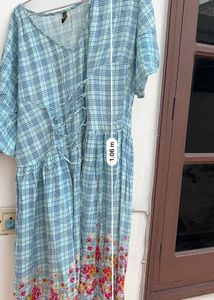 Blue Plaid Dress with Floral Hem