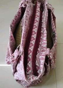 White With Maroon Motifs Allover Handbag