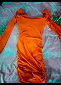 Bold Orange Bodycon Dress with ruched Sleeves