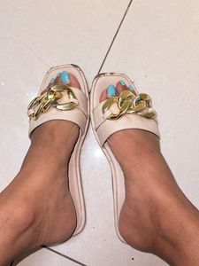 Slippers Flip Flops Branded Beige White Golden