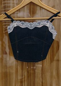 Lace-Trimmed Denim Crop Top